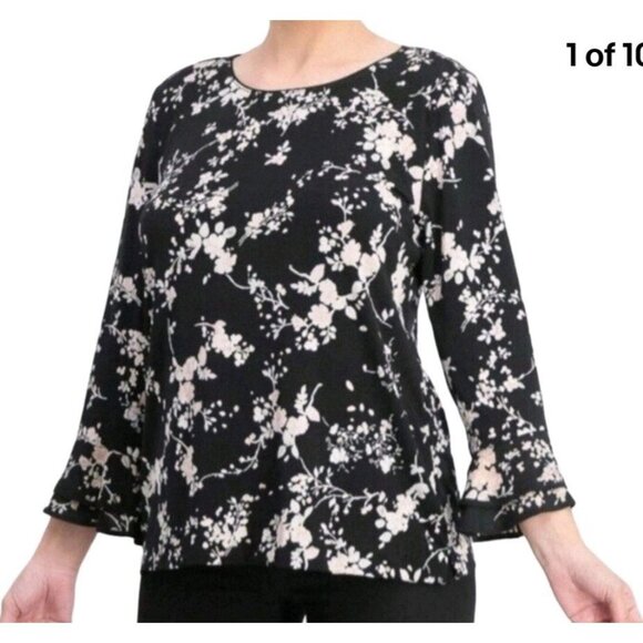 Karl Lagerfeld Paris Dark Romantic Floral Womens Size 2XL Blouse Top Bell Sleeve - Picture 1 of 16